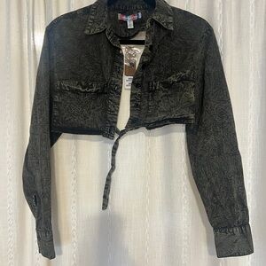 Urban Outfitters Black Cropped Denim Shirt with Open Back Detail